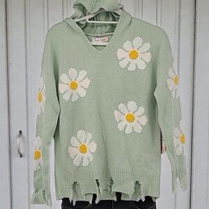 Hazel Moon Daisy Distressed Cropped Hoodie Sweater 3X Mint Green